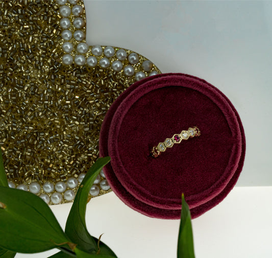 14kyg Natural Ruby + Diamonds Hexagon Ring